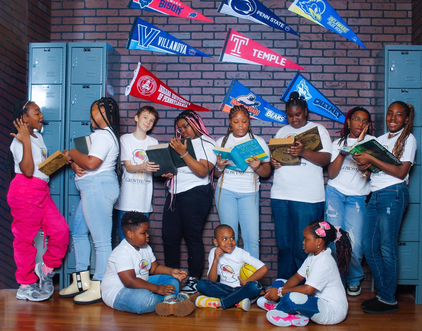 Students with college pennants